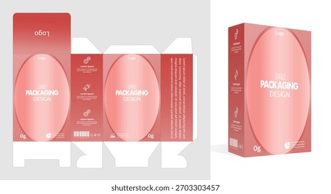 Fresh food snacks box packaging die-cut template, including box mockup and unfolded die-cut layout. Red and black color theme. Vector illustration.