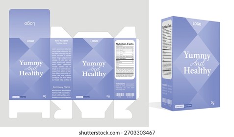 Fresh food snacks box packaging die-cut template, including box mockup and unfolded die-cut layout. Red and black color theme. Vector illustration.