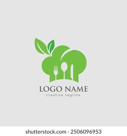 Fresh food, spoon, farm, eat, lunch, fork, meal, leaf, vegan, health, nature, eco, vegetarian, green logo fully editable vector template