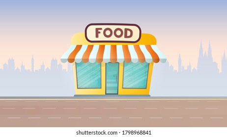 Fresh food store. Grocery store on the background of the city. Flat style. Vector.