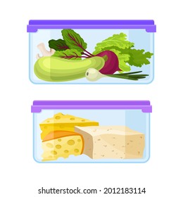 Fresh Food Stored in Glass Transparent Containers with Closed Plastic Lid Vector Set