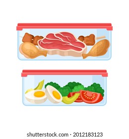 Fresh Food Stored in Glass Transparent Containers with Closed Plastic Lid Vector Set