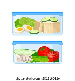 Fresh Food Stored in Glass Transparent Containers with Closed Plastic Lid Vector Set