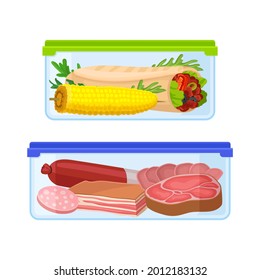 Fresh Food Stored in Glass Transparent Containers with Closed Plastic Lid Vector Set