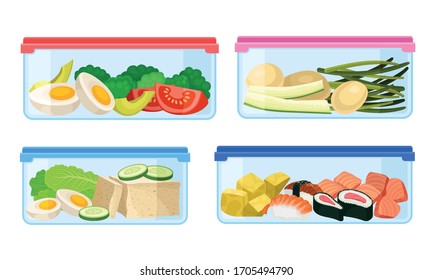 Fresh Food Stored in Plastic Transparent Containers with Closed Lid Vector Set