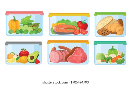 Fresh Food Stored in Plastic Transparent Containers with Closed Lid Vector Set