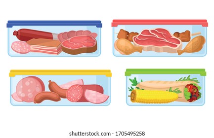 Fresh Food Stored in Plastic Transparent Containers with Closed Lid Vector Set