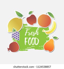 Fresh food vector banner. Abstract ink brush. Hand drawn lettering vector illustration wiht fruits stickers.