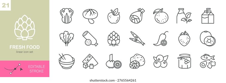 Fresh Food Vector Icons Set. Organic Fruits, Vegetables, Dairy and Healthy Nutrition Symbols. Isolated Editable Stroke Linear Collection.