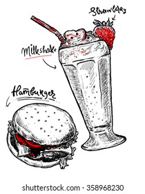 Fresh Food Vector Sketch Template. Milkshake, Hamburger Sketch Set.