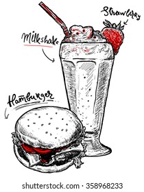 fresh food vector sketch template. milkshake and burger sketch set.
