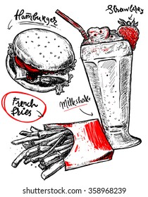fresh food vector sketch template. milkshake, hamburger  and french fries sketch set.