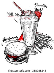 fresh food vector sketch template. milkshake, hamburger and french fries sketch set.
