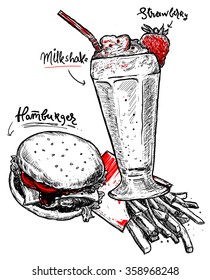 fresh food vector sketch template. milkshake, hamburger and french fries sketch set.