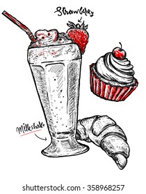 fresh food vector sketch template. milkshake, cupcake sketch set.