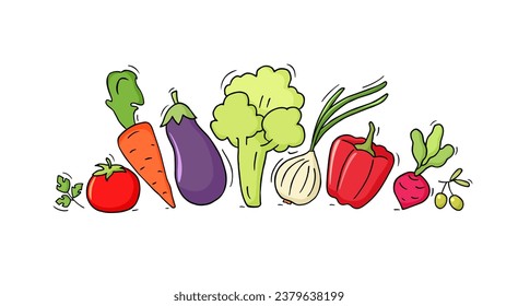 Fresh food, vegetable set, hand drawn banner. Vector doodle icons of healthy organic diet with carrot, red pepper, tomato, onion and 
eggplant