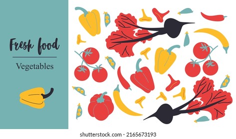 Fresh Food Vegetables. Cute appetizing Vegetables collection illustrations. Flat abstract Vector. Hand-drawn modern illustrations with Vegetables, abstract elements. Healthy lifestyle