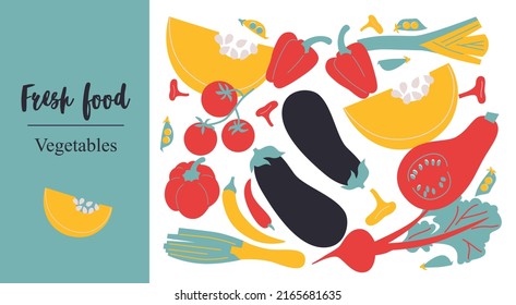 Fresh Food Vegetables. Cute appetizing Vegetables collection illustrations. Flat abstract Vector. Hand-drawn modern illustrations with Vegetables, abstract elements. Healthy lifestyle