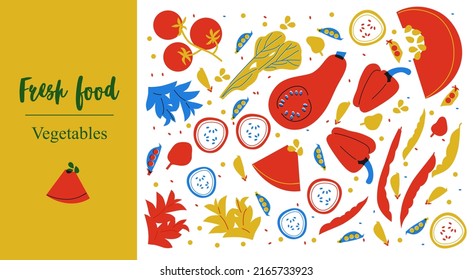 Fresh Food Vegetables. Cute appetizing Vegetables collection illustrations. Flat abstract Vector. Hand-drawn modern illustrations with Vegetables, abstract elements. Healthy lifestyle
