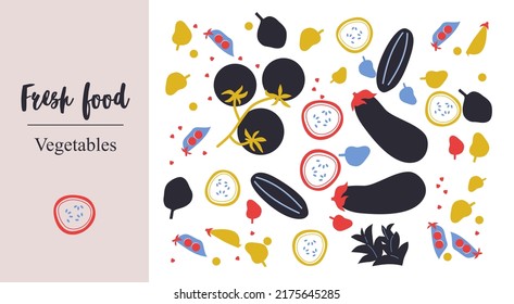 Verduras alimenticias frescas. Apetitosas ilustraciones de la colección Vegetales. Vector abstracto plano. Ilustraciones modernas hechas a mano con vegetales, elementos abstractos. Estilo de vida saludable