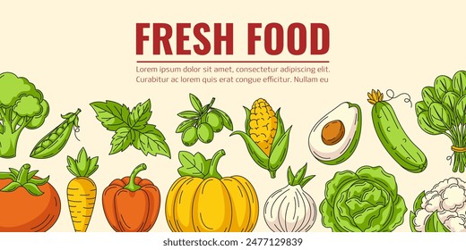 Fresh food and vegetables, harvesting. Horizontal vector banner. Isolated background, space for text. Healthy farm organic products, natural veggies icons. For poster, menu, flyer, web design