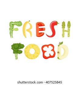 Fresh food vegetables letter. Healthy vector 