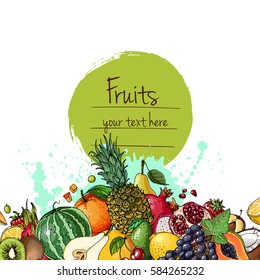 Fresh food. Watermelon, cantaloupe, pomegranate, apricot, persimmon line drawn on a white background. Vector illustration.