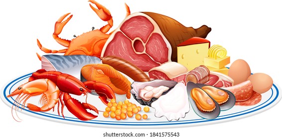 Fresh foods or food protein groups such as meat seafood egg and nuts in a group isolated on white background illustration