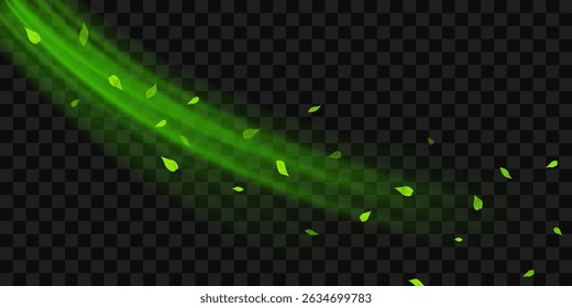 Fresh forest air swirl. Wind flow with flying green leaves. Realistic 3D vector illustration isolated on transparent background.