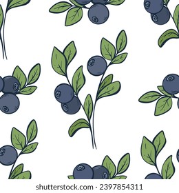 Fresh forest berries background. Blueberry bushes seamless pattern. Delicious berries and leaves print for textile, digital paper, packaging and design, vector illustration