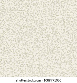 Fresh forest branches with small leaves, flowers and acorns. High coverage vector seamless pattern. Background cloth and textile design, diary covers, gift wrapping and invitations
