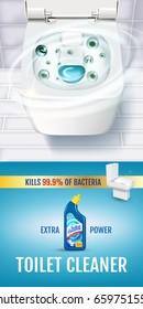 Fresh fragrance toilet cleaner gel ads. Vector realistic Illustration with top view of toilet bowl and disinfectant container. Verical banner.