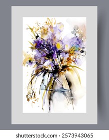 Fresh fragrant flowers inside vase filled with water on poster. Watercolor artwork. Wall art with beautiful bouquet of flowers collected on plantation and wildflowers, in frame with decor for print