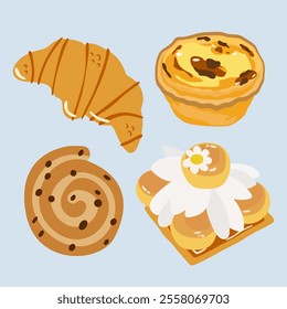 Fresh French pastries for bakery menu design. Bakery pastry products. Cartoon bread icons. Stickers for bakery and coffee shops. French baguette, croissant, bagel, sandwich, sweet pastry