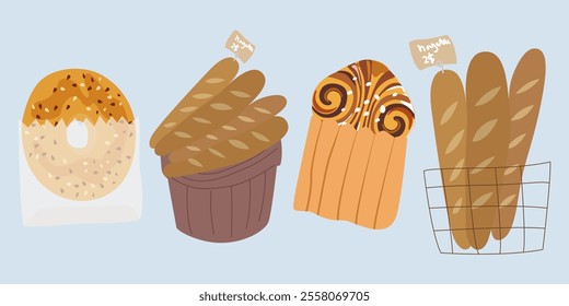 Fresh French pastries for bakery menu design. Bakery pastry products. Cartoon bread icons. Stickers for bakery and coffee shops. French baguette, croissant, bagel, sandwich, sweet pastry