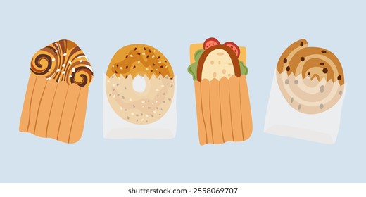 Fresh French pastries for bakery menu design. Bakery pastry products. Cartoon bread icons. Stickers for bakery and coffee shops. French baguette, croissant, bagel, sandwich, sweet pastry