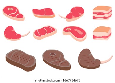 Fresh and fried meat. Butcher shop, fresh meat products. A collection of fried steaks. Beef Tenderloin. Pork knuckle. Steak slice. Raw pork chop. Vector illustration in a flat style.