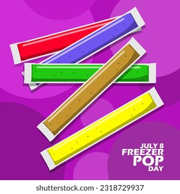 fresh frozen ice with elliptical shape with different flavors commonly called Freezer Pop and bold text on purple background to celebrate National Freezer Pop Day on July 8