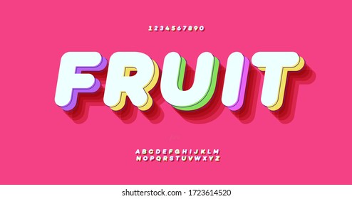 Fresh fruit 3d bold colorful style modern typography for decoration, logo, poster, t shirt, book, card, sale banner, printing on fabric, industrial. Cool typeface. Trendy alphabet. 10 eps