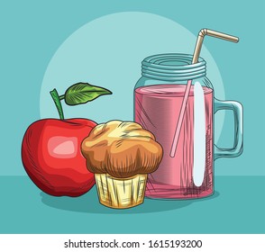 fresh fruit apple muffin and juice food healthy vector illustration