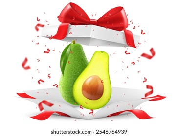 Fresh fruit avocado in a gift box with a red bow isolated on transparent background. Whole and halved avocado with bone. Green avocado for healthy eating. Realistic 3d vector illustration.