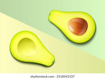 Fresh fruit avocado isolated on green color background. Half a fresh pitted avocado and cut in half avocado with pit. Green avocado for healthy eating. Realistic 3d vector illustration.