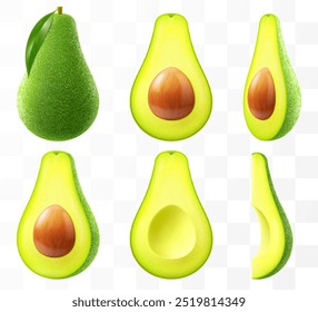 Fresh fruit avocado isolated on transparent background. Whole, slices and halved avocado with bone. Green avocado for healthy eating. Realistic 3d vector illustration.