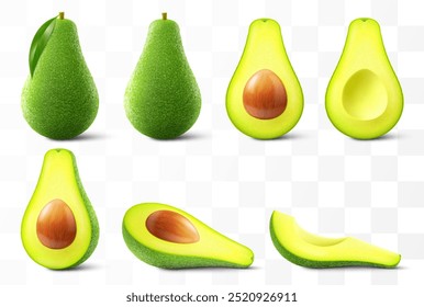 Fresh fruit avocado isolated on transparent background. Whole, slices and halved avocado with bone. Green avocado for healthy eating. Realistic 3d vector illustration.