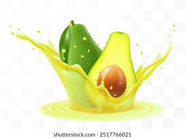 Fresh fruit avocado juice. Green ripe avocado falls into a splash of oil, isolated on transparent background. Realistic 3d vector illustration. Summer vitamin food and drink. Avocado smoothie splash