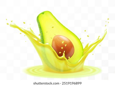 Fresh fruit avocado juice. Green ripe avocado falls into a splash of oil, isolated on transparent background. Realistic 3d vector illustration. Summer vitamin food and drink. Avocado smoothie splash