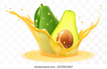 Fresh fruit avocado juice. Green ripe avocado falls into a splash of oil, isolated on transparent background. Realistic 3d vector illustration. Summer vitamin food and drink. Avocado smoothie splash