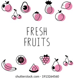Fresh fruit banner template. A set of isolated icons and a lettering on white background. 