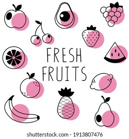 Fresh fruit banner template. A set of isolated icons and a lettering on white background. 