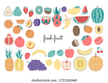 Fresh fruit and berries, tropical vegetarian food, time to detox with organic vitamins diet. Hand drawn vector illustration on isolated background in flat cartoon style. 